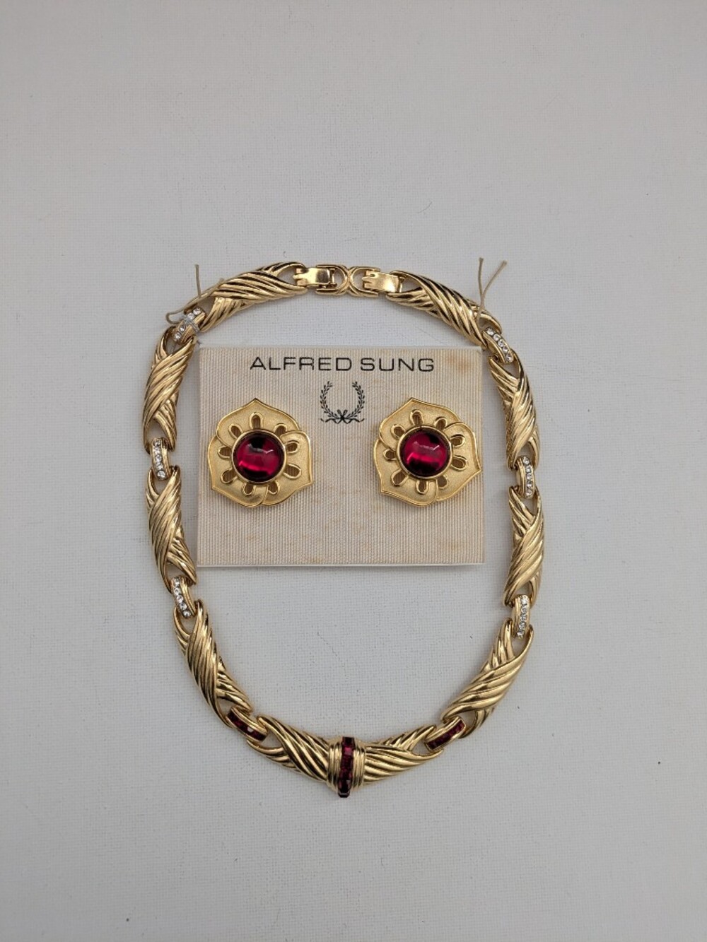 Alfred Sung Gold-plated Necklace and Earrings Set with Red Stones
